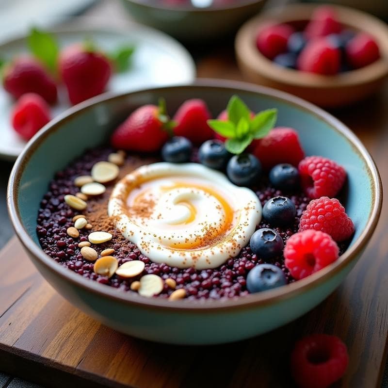 Bowl de Quinoa Negra y Camu Camu: Desayuno Antioxidante con Frutos Rojos