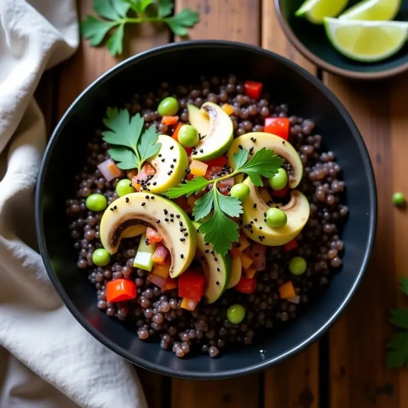Bowls de Quinoa Negra y Ceviche de Champiñones Portobello: Receta Peruana Crudivegana en 15 Minutos