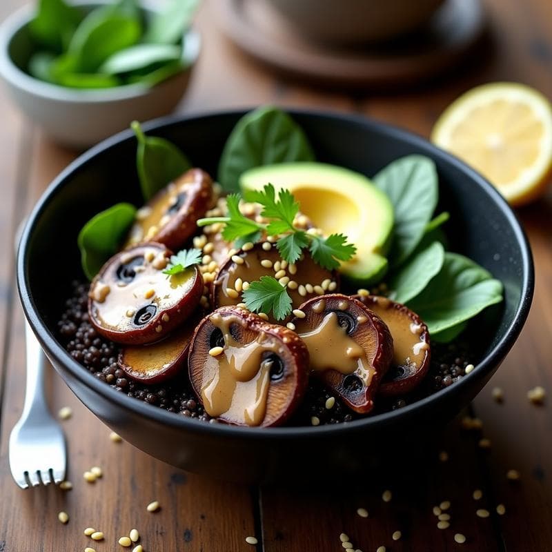 Bowl de Quinoa Negra con Champiñones Portobello y Aderezo de Ajonjolí: Receta Peruana Keto