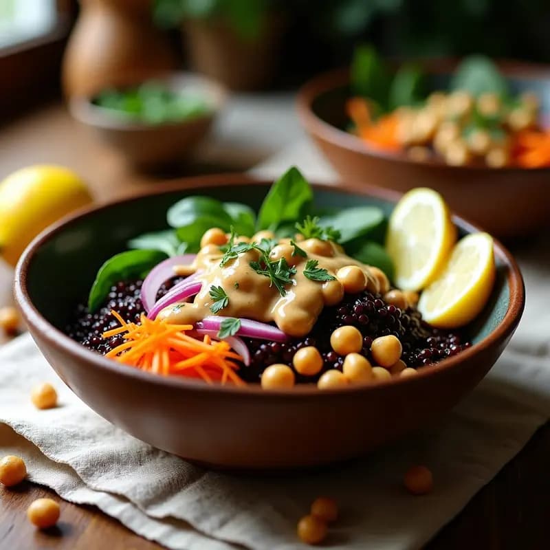 Bowl de Quinoa Negra con Garbanzos Ahumados y Aderezo de Tahini y Limón Sudán: Receta Africana