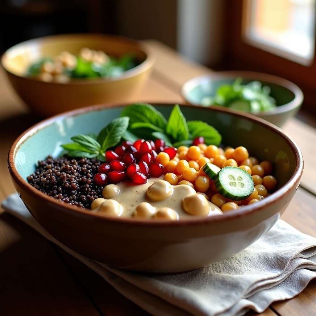 Bowl de Quinoa Negra y Garbanzos Crujientes: Receta Mediterránea en Airfryer con Tahini y Granada
