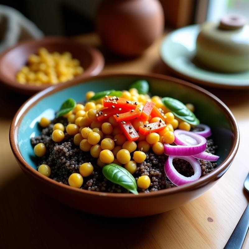 Bowl de Quinoa Negra y Garbanzos Crujientes: Receta Andina con Vinagreta de Granadilla