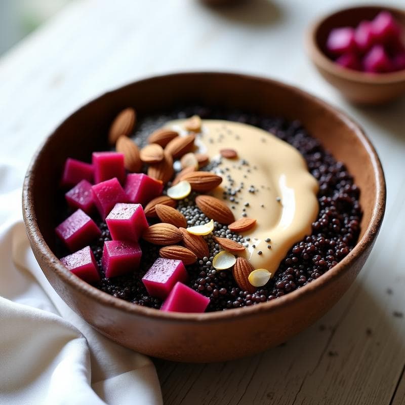 Bowl de Quinoa Negra con Higo Chumbo y Salsa de Tahini: Desayuno Sin Gluten y Antioxidante