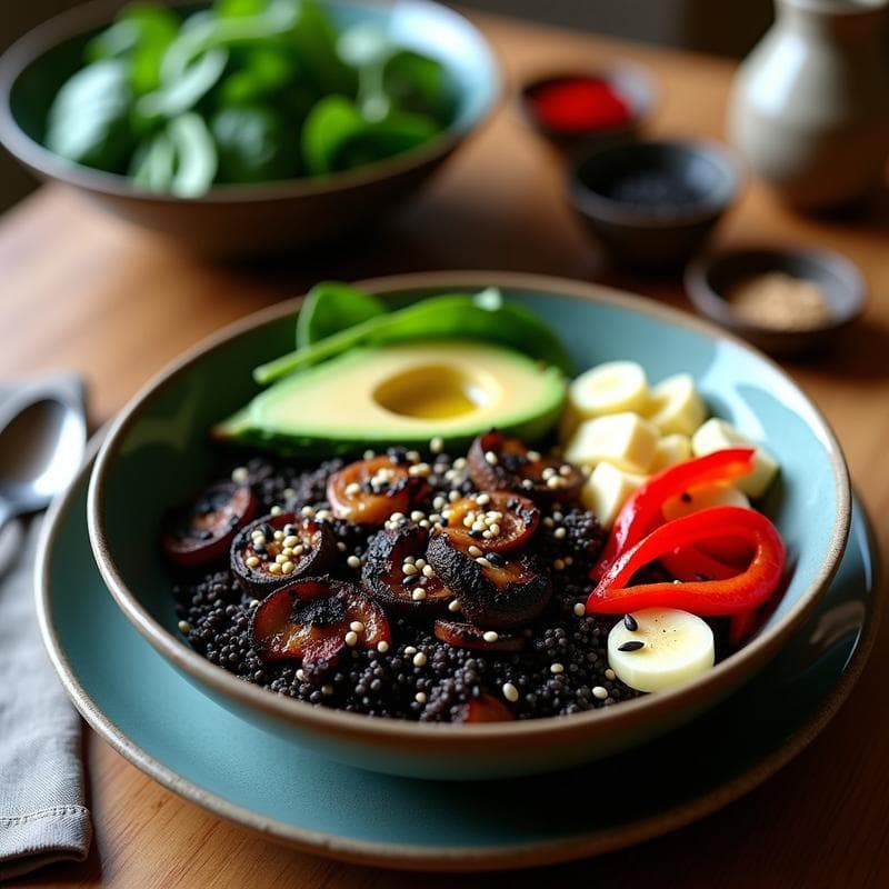 Bowl de Quinoa Negra con Hongos Portobello: Receta Ultra Umami en 25 Minutos