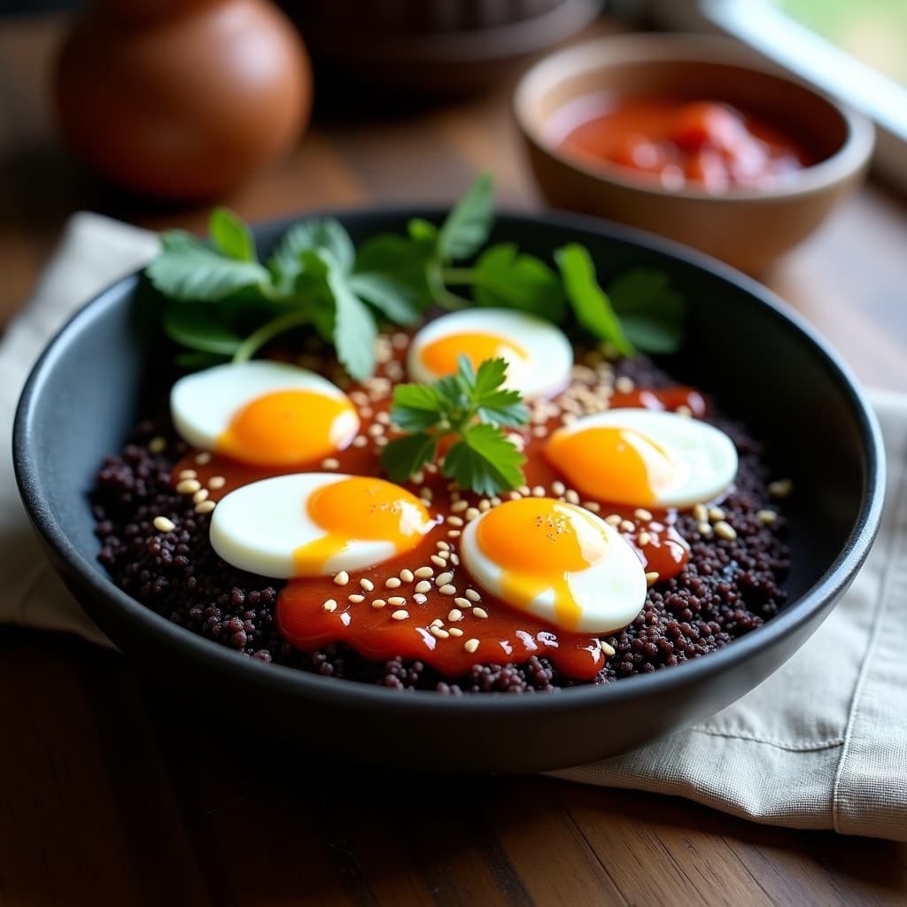 Bowl de Quinoa Negra con Huevo de Codorniz y Salsa de Tamarillo: Desayuno Andino Alto en Hierro