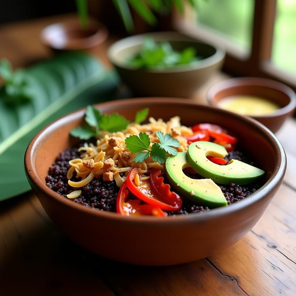 Bowl de Quinoa Negra con Jackfruit Desmenuzado y Aderezo de Clymenia: Receta Vegana inspirada en el Caribe