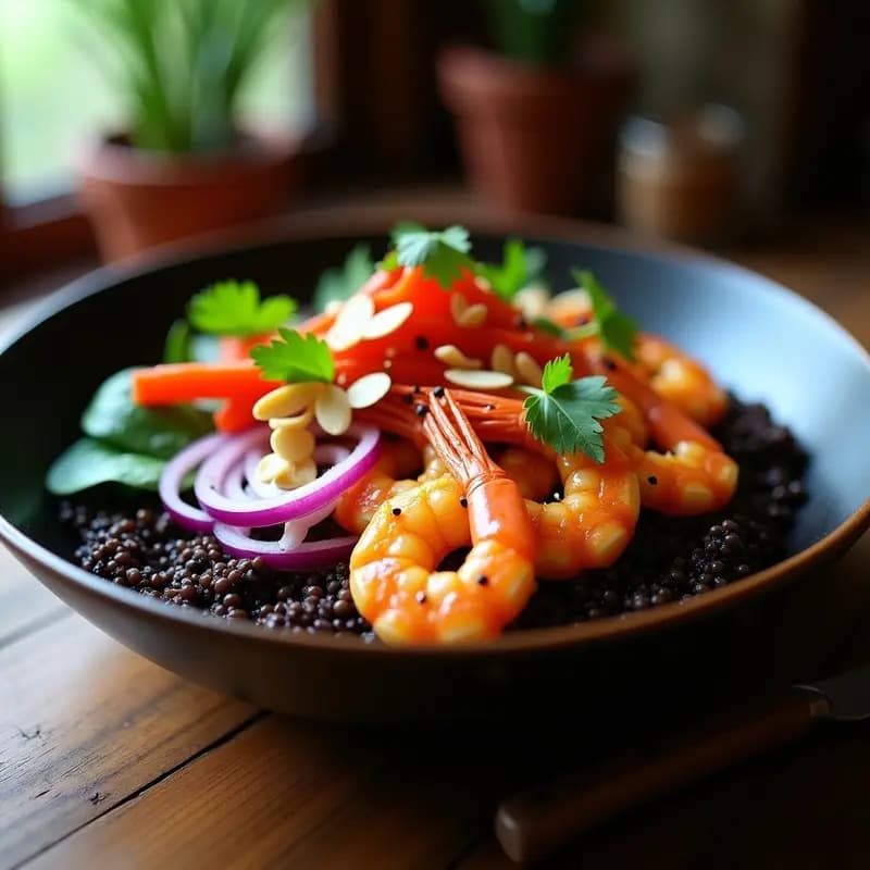 Bowl de Quinoa Negra y Langostinos al Curry: Receta Ecuatoriana Alta en Hierro