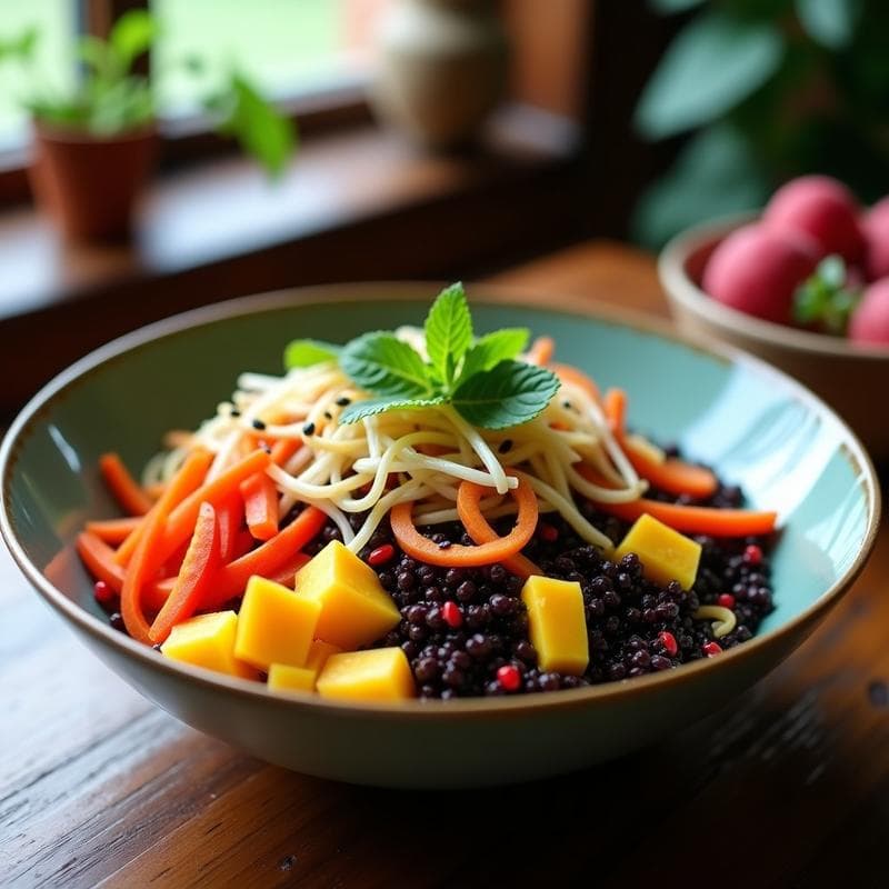 Bowl de Quinoa Negra y Mango con Aliño de Lichi: Receta Tailandesa Vegana