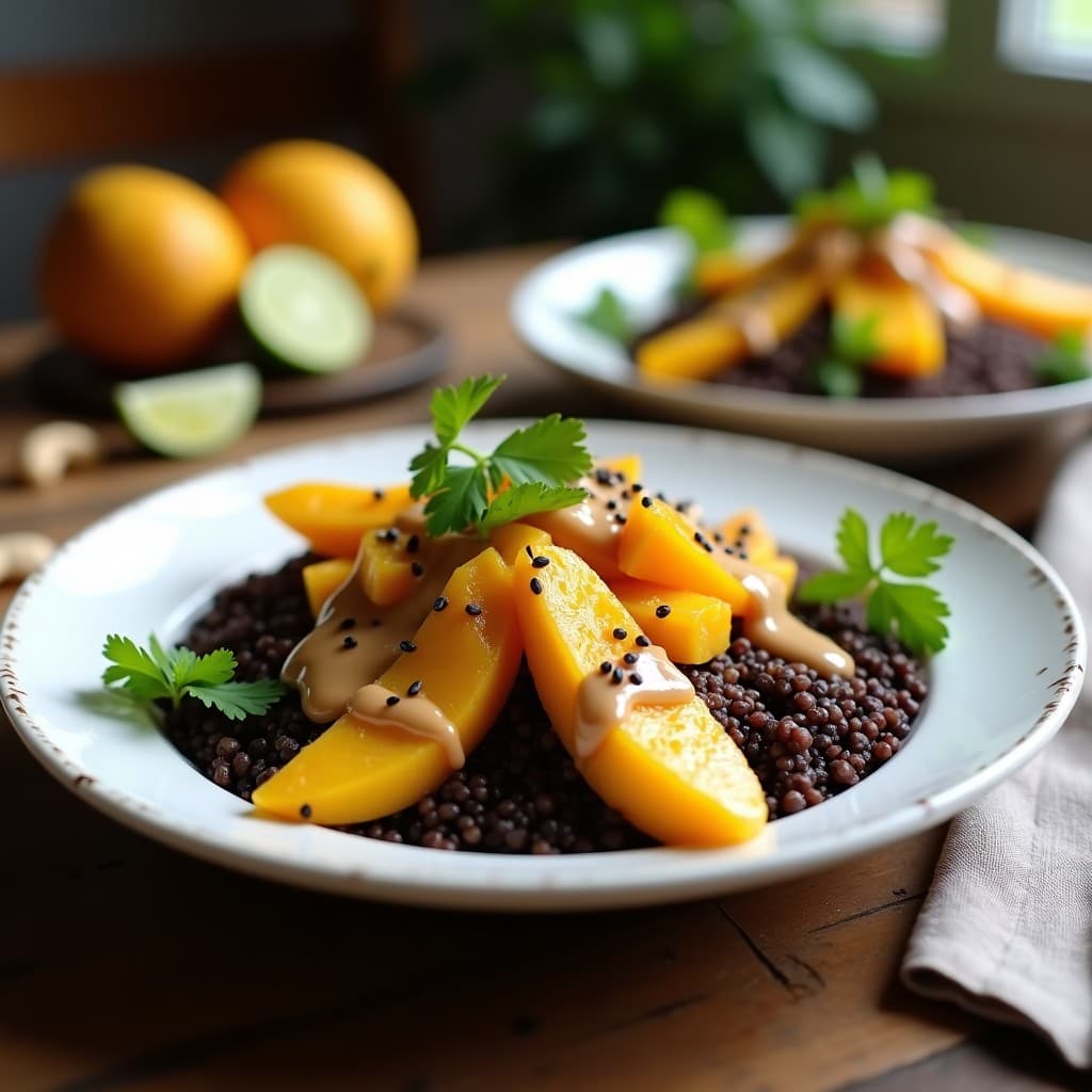 Bowl de Quinoa Negra con Mango Asado y Salsa de Cacahuete: Desayuno Sin Azúcar y Alta Proteína