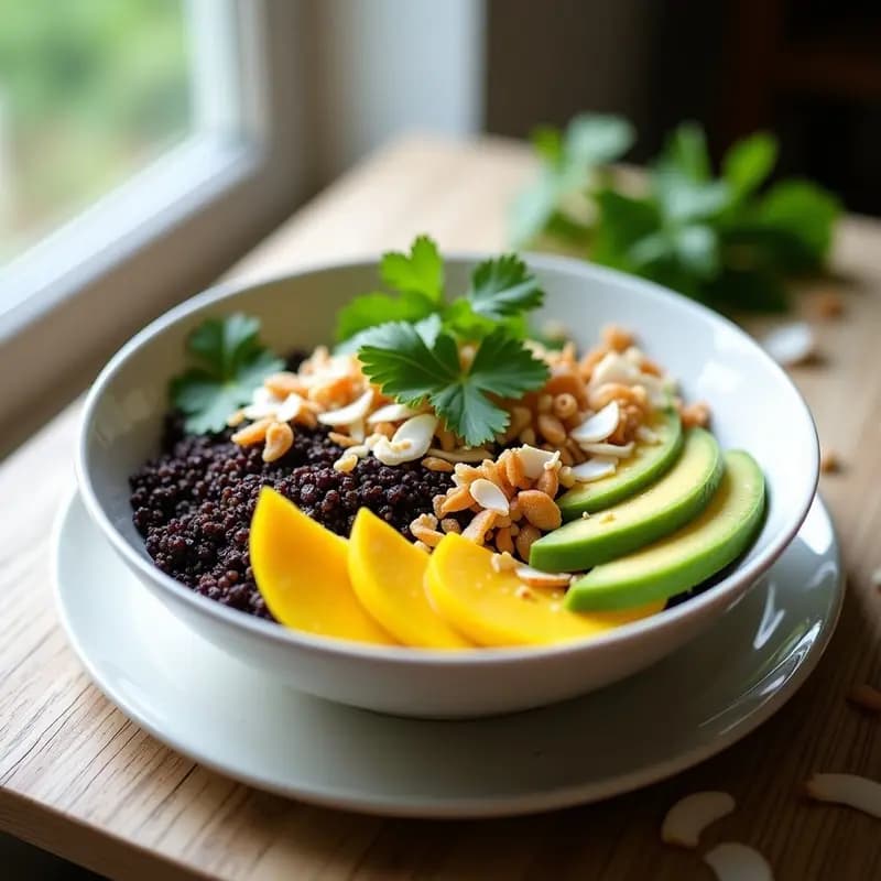 Bowl de Quinoa Negra con Mango Verde y Crujiente de Coconut: Desayuno Tailandés Proteico