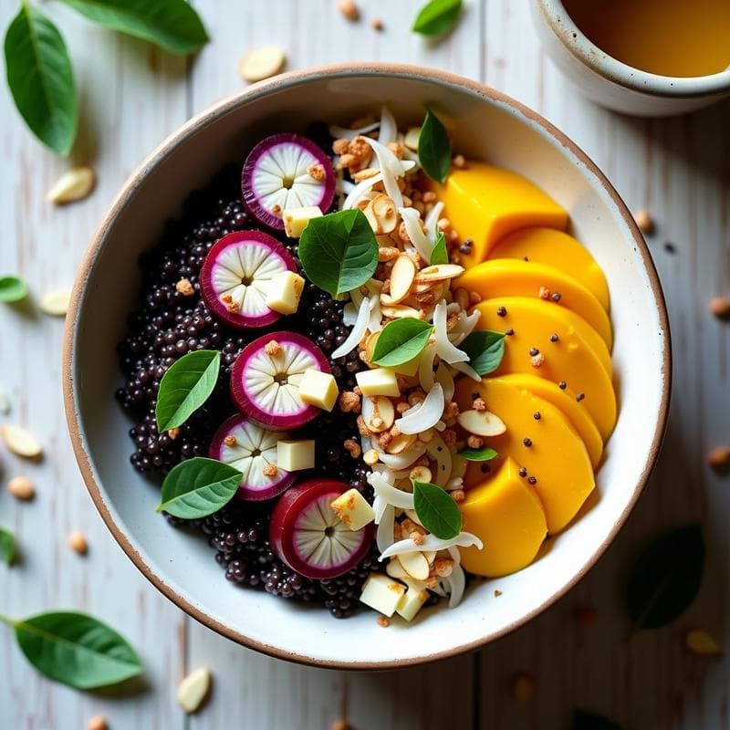 Bowl de Quinoa Negra con Mangostán y Aderezo de Limón Kaffir: Desayuno Antioxidante Tailandés
