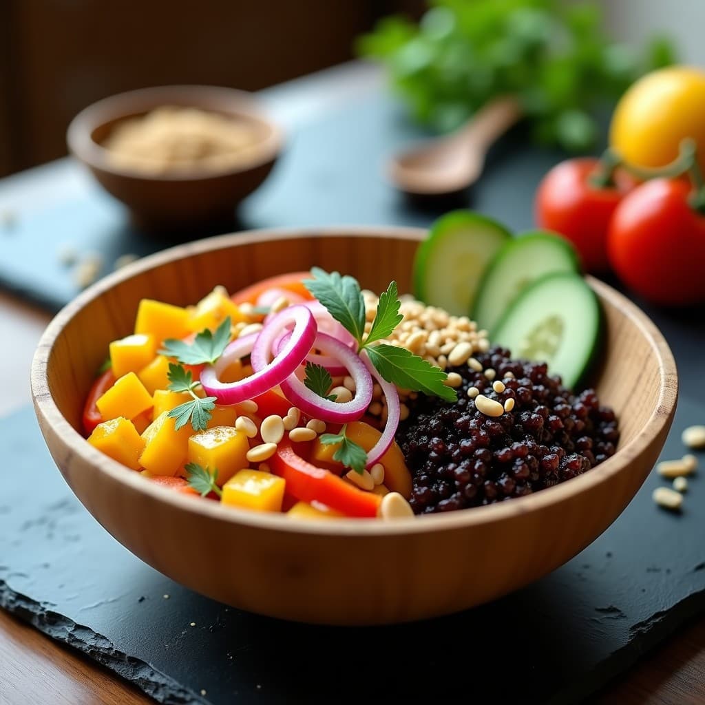 Bowl de Quinoa Negra con Mangostán y Vinagreta de Lima Kaffir: Receta Tailandesa Vegana y Antioxidante