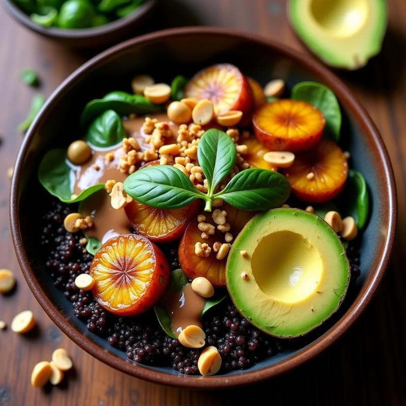 Bowl de Quinoa Negra con Mole de Cacahuete y Plátano Macho: Receta Vegana Alta en Hierro