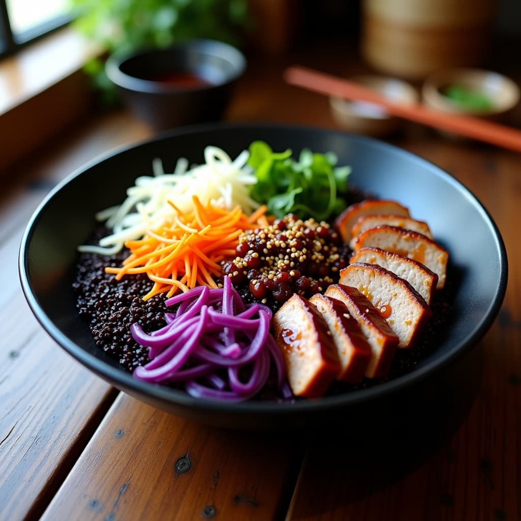 Buddha Bowl de Quinoa Negra con Pato al Hoisin y Vegetales Fermentados: Receta China Alta en Hierro