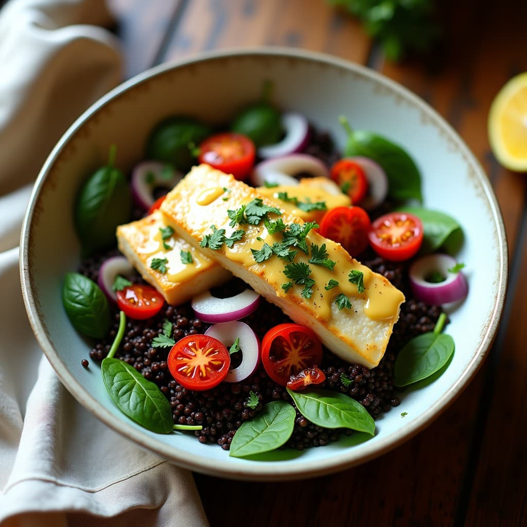 Bowl de Quinoa Negra con Pescado Blanco al Horno y Aderezo de Hierbas Provenzales: Receta Alta en Proteína