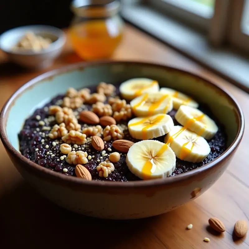 Bowl de Quinoa Negra con Polvo de Oro y Frutos Secos: Desayuno Andino Alta en Proteína