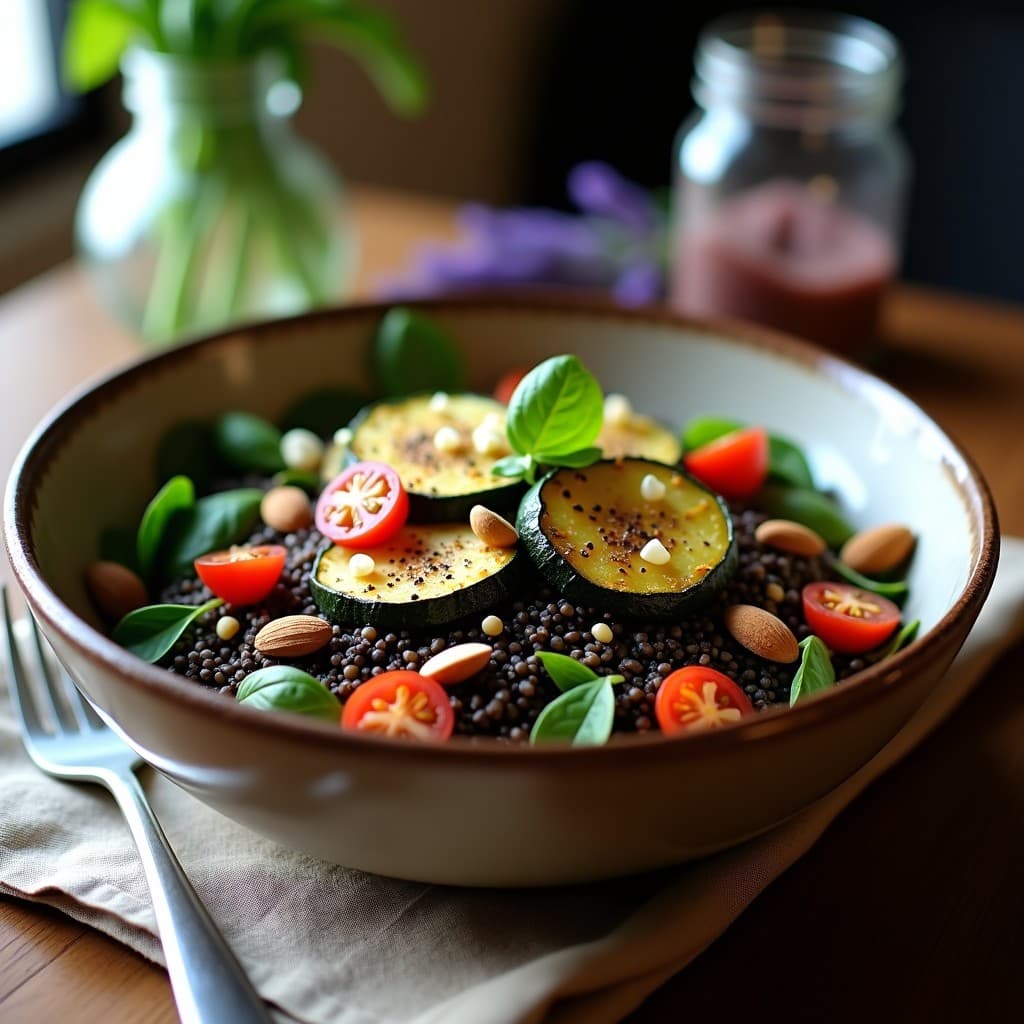 Bowl de Quinoa Negra con Hierbas de Provenza y Calabacín Asado: Desayuno Francés Vegano
