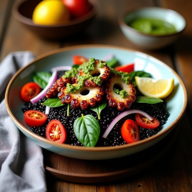 Bowl de Quinoa Negra con Pulpo a la Parrilla y Salsa de Chimichurri: Receta Peruano-Argentina Alta en Proteína
