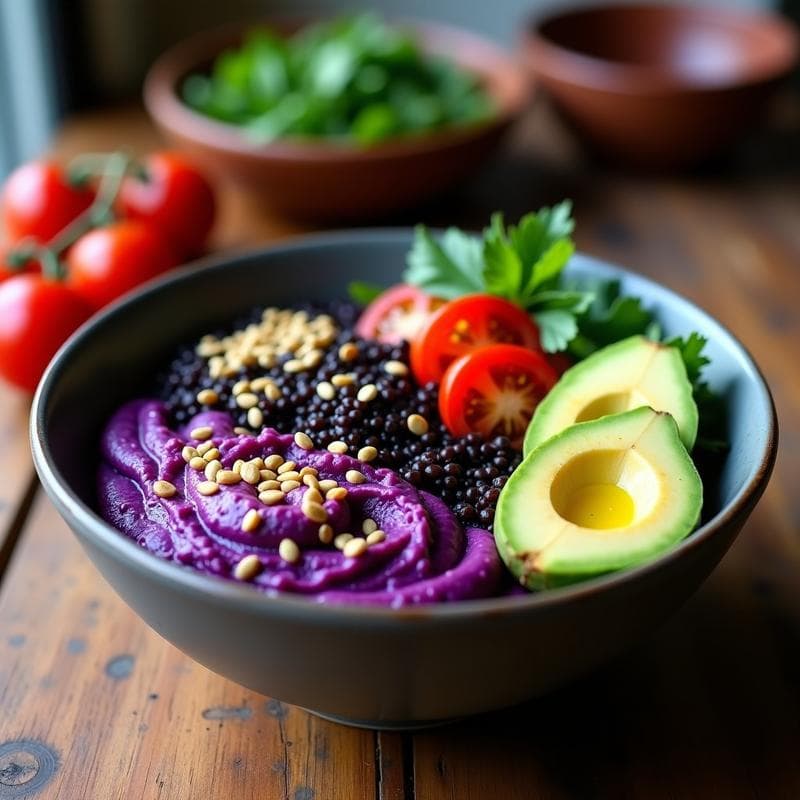 Bowl de Quinoa Negra con Puré de Batata Morada y Semillas de Cáñamo: Receta Peruviana Vegana