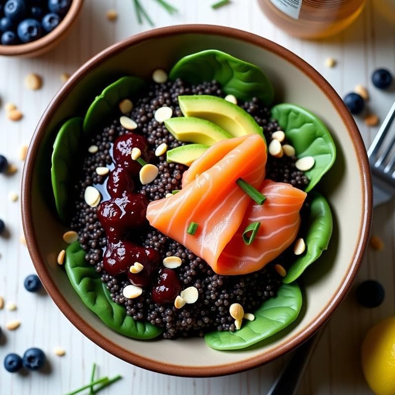 Bowl de Quinoa Negra con Salmón Ahumado y Salsa de Arándanos: Receta Keto y Omega-3