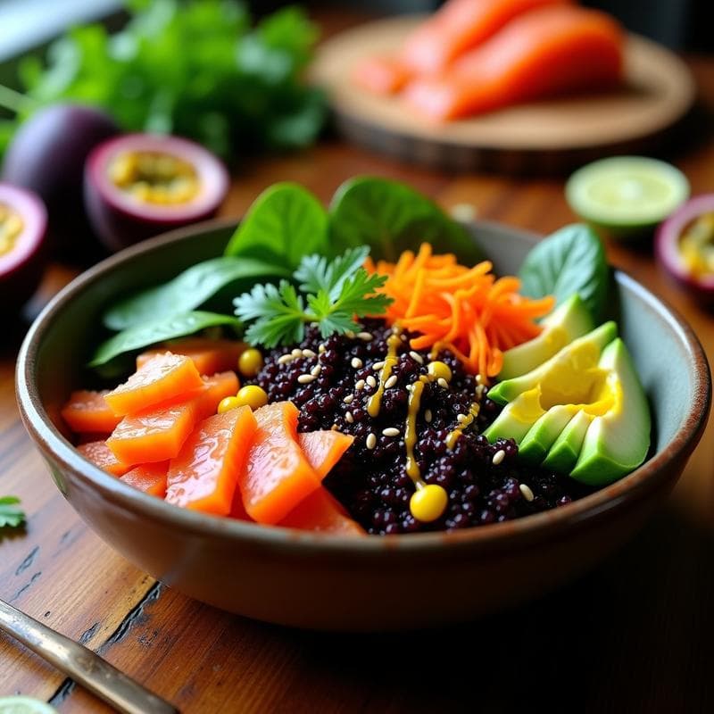 Bowl de Quinoa Negra y Salmón Ahumado: Receta Peruana con Aderezo de Maracuyá