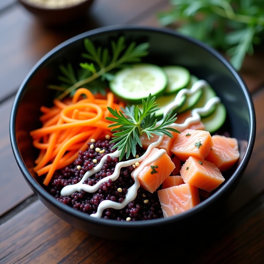 Bowl de Quinoa Negra con Salmón al Limón y Aderezo de Eneldo: Receta Escandinava y Omega-3