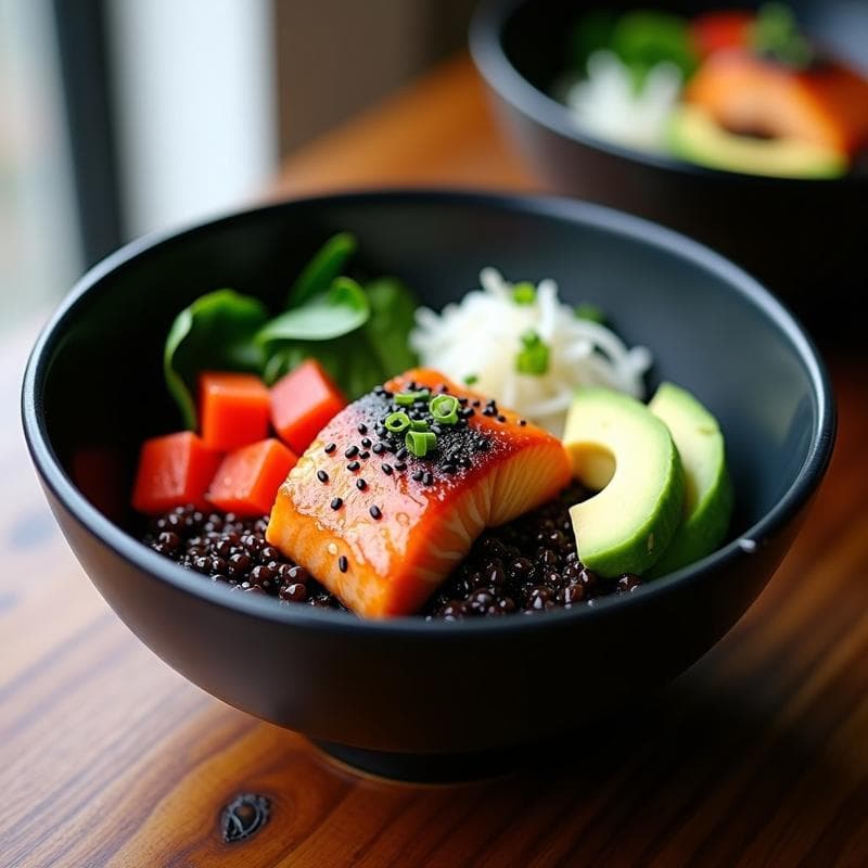Bowl de Quinoa Negra y Salmón al Miso con Vegetales Fermentados: Receta Japón-Peruana Antioxidante