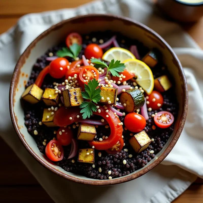 Bowlie de Quinoa Negra y Vegetales Asados con Aliño de Limón y Comino: Receta Árabe Vegana