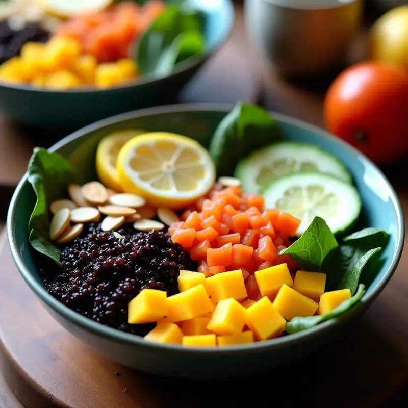 Bowl de Quinoa Negro y Mango con Aderezo de Limón y Jengibre: Desayuno Peruano Detox