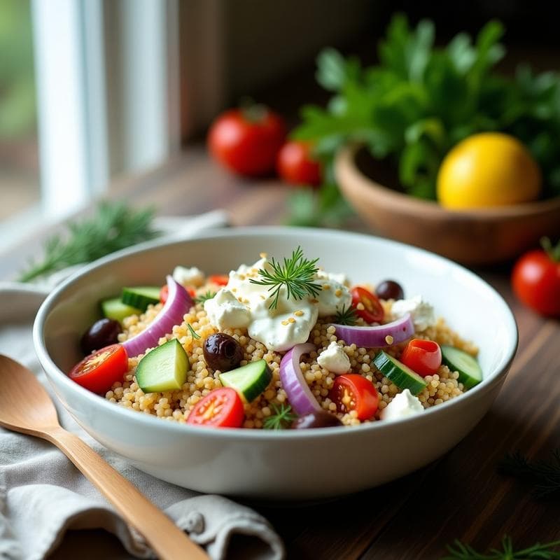 Bowl de Quinoa con Pepino y Yogur Griego con Aderezo de Eneldo: Receta Griega Baja en Calorías y Sin Cocción