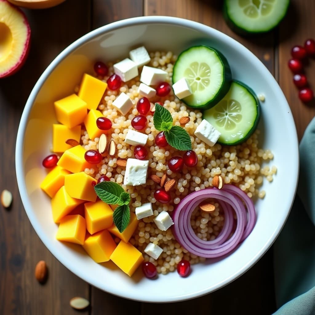Bowl de Quinoa con Polemone y Vinagreta de Mango: Receta Griega Fresca y Sin Gluten