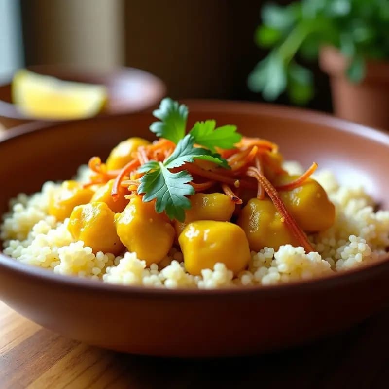 Bowl de Quinoa con Pollo al Curry y Crujiente de Cebolla: Receta India en Olla Lenta