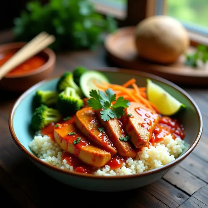 Bowl de Quinoa con Pollo al Curry Roja y Vegetales al Vapor: Receta Tailandesa Keto en Thermomix