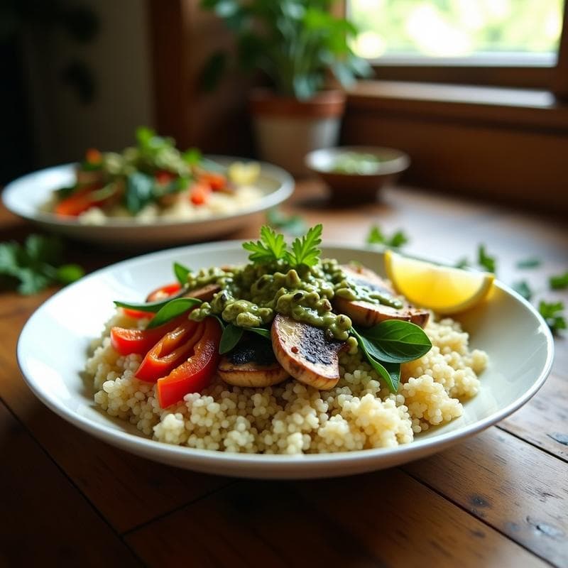 Bowl de Quinoa con Champiñones Portobello y Salsa de Cilantro: Receta Vegana y Alta en Hierro