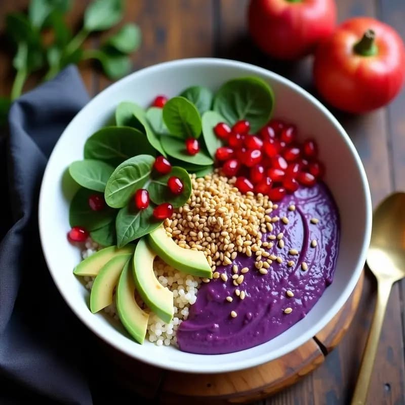 Bowl de Quinoa con Puré de Boniato Morado y Crujiente de Semillas: Receta Vegana y Colorida