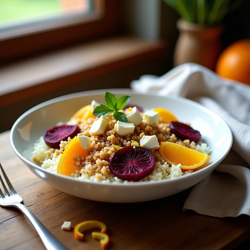 Bowl de Quinoa, Remolacha Asada y Queso de Cabra con Aderezo de Naranja: Receta Gourmet Sin Gluten y Alta en Fibra