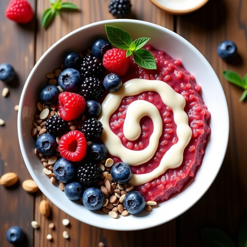 Bowl de Quinoa Roja con Berry y Crema de Macadamia: Desayuno Australiano Sin Lactosa