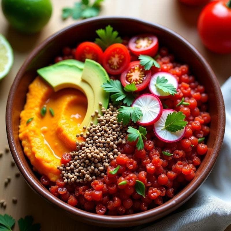 Bowl de Quinoa Roja con Puré de Calabaza y Semillas de Chía Toadas: Receta Boliviana en 20 Minutos