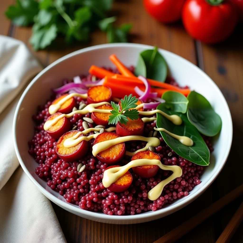 Bowl de Quinoa Roja y Camote Asado con Aderezo de Mostaza y Miel: Receta Peruana Alta en Hierro