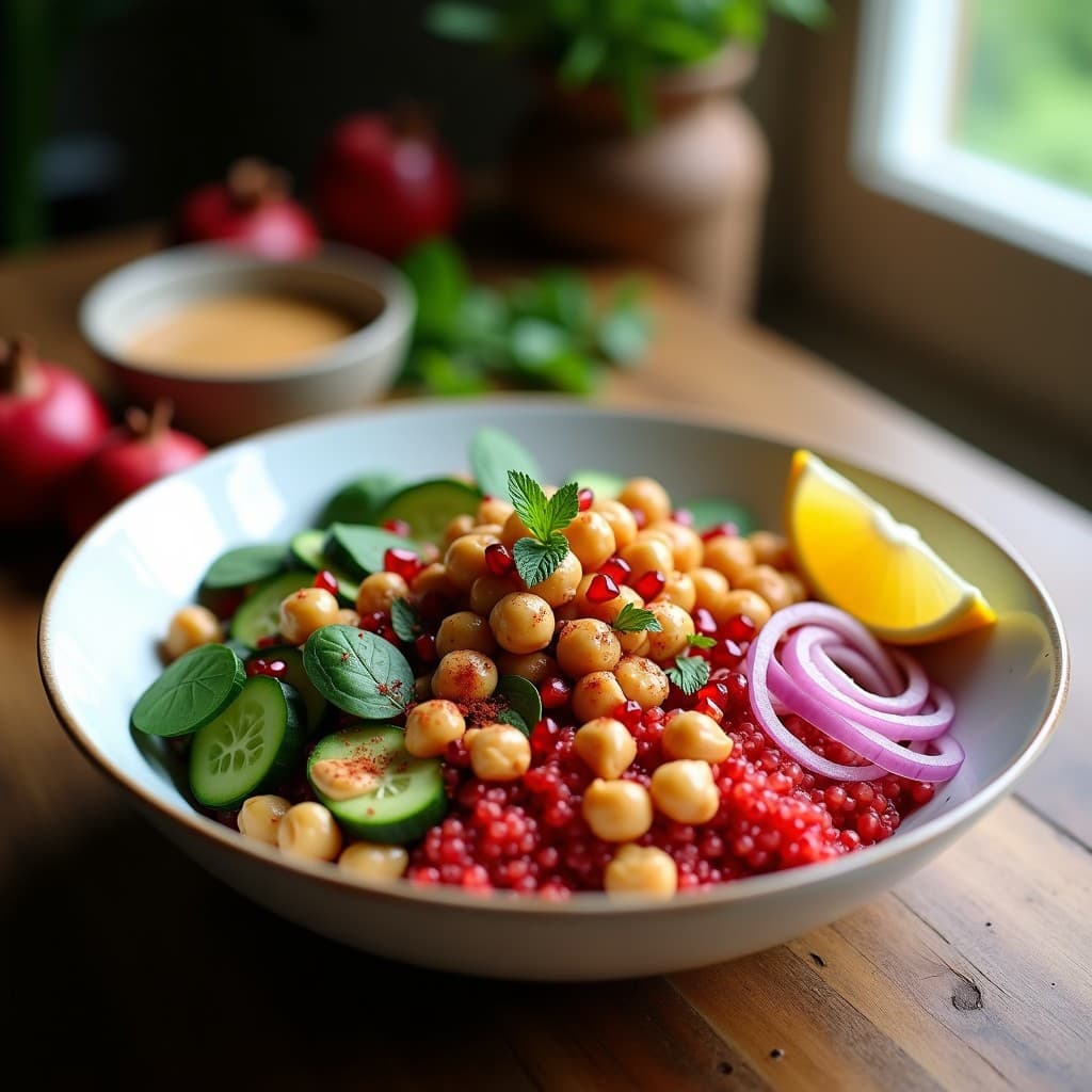 Bowl de Quinoa Roja y Garbanzos con Aderezo de Tahini y Granados: Receta Libanesa Keto