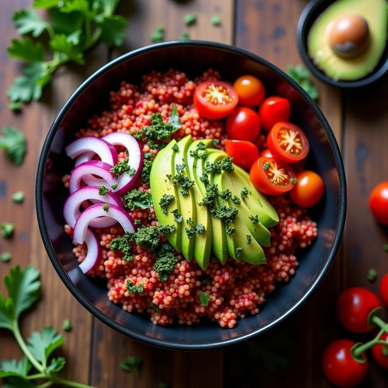 Bowl de Quinoa Roja con Pochas y Chimichurri: Receta Argentina Vegana y Alta en Hierro