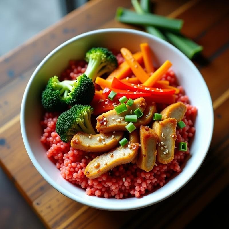 Bowl de Quinoa Roja con Pollo al Miso y Vegetales Salteados: Receta Proteica en 20 Minutos