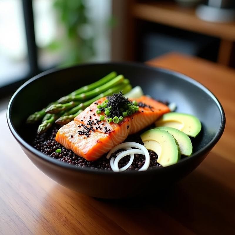 Bowl de Quinoa Negra con Salmón Marinado en Miso: Receta Japonesa Alta en Omega-3