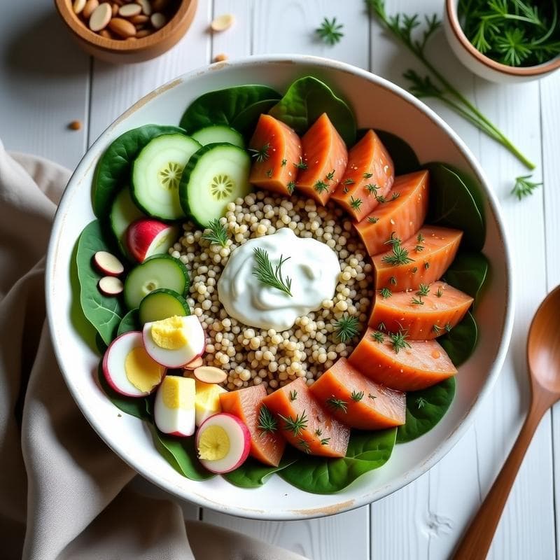 Bowl de Quinoa y Trucha Ahumada con Salsa de Eneldo: Receta Escandinava Alta en Omega-3