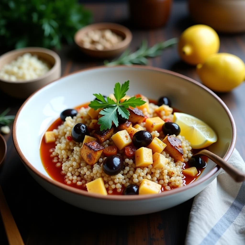 Bowl de Quinoa yyahni con Berenjena: Receta griega vegana en olla express