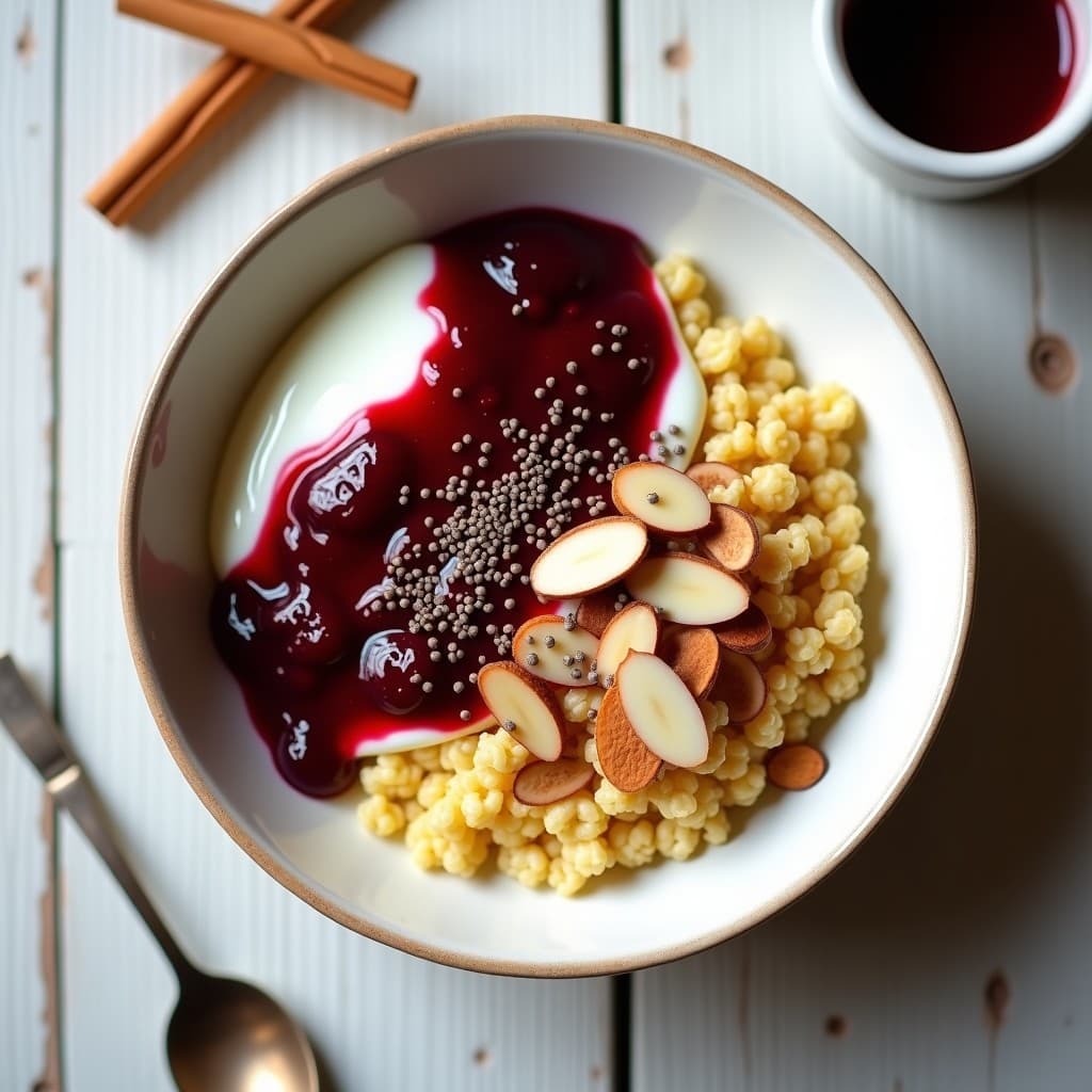 Bcessant de quinua inflada con yogur de soja y mermelada de arándanos: Desayuno proteico sin gluten