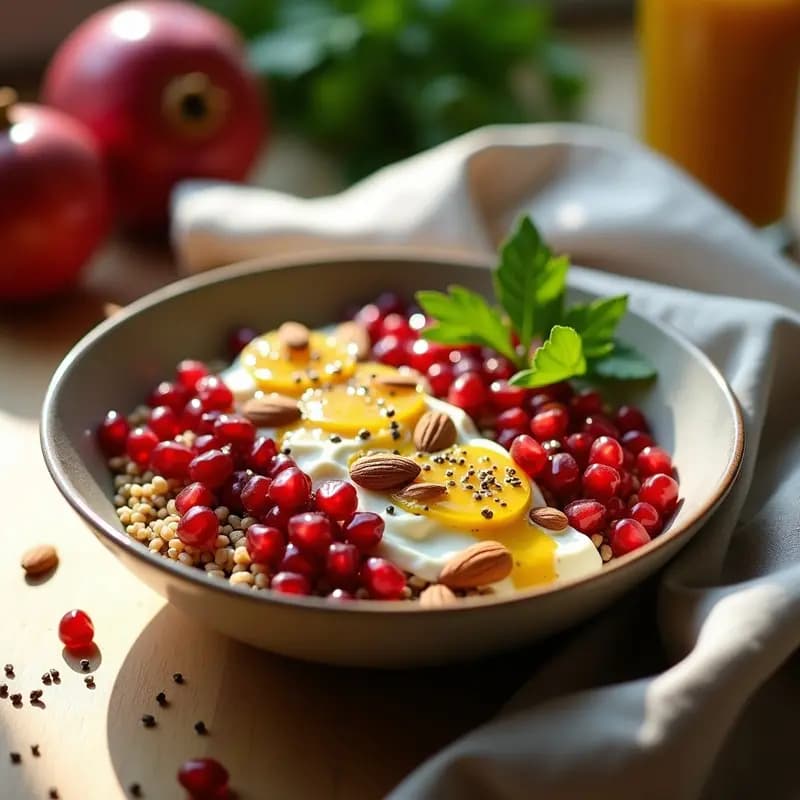 Bowl de Sarrasén y Granados con Vinagreta de Granadilla: Desayuno Antioxante Sin Gluten