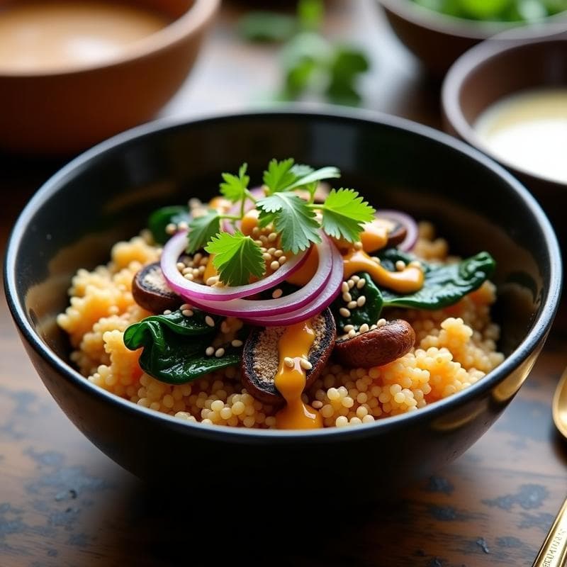 Bowl de Sarrraceno con Hongos Ostra y Salsa de Tamarindo: Desayuno Indio Alto en Proteína