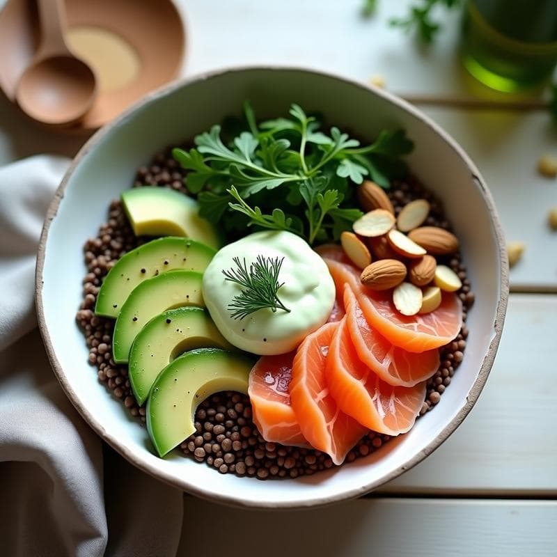 Bowl de Sarrassín con Salmón Ahumado y Crema de Eneldo: Desayuno Escandinavo Keto
