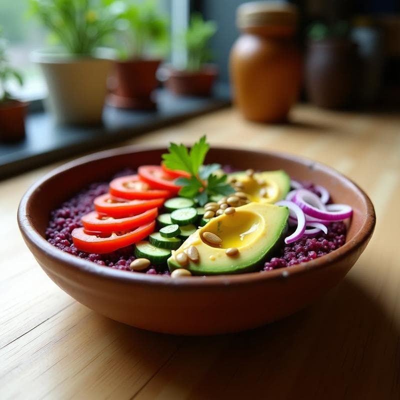 Bowl de Sémola de Maíz Morado y Aguacate con Aderezo de Mostaza y Miel: Desayuno Peruano Energético